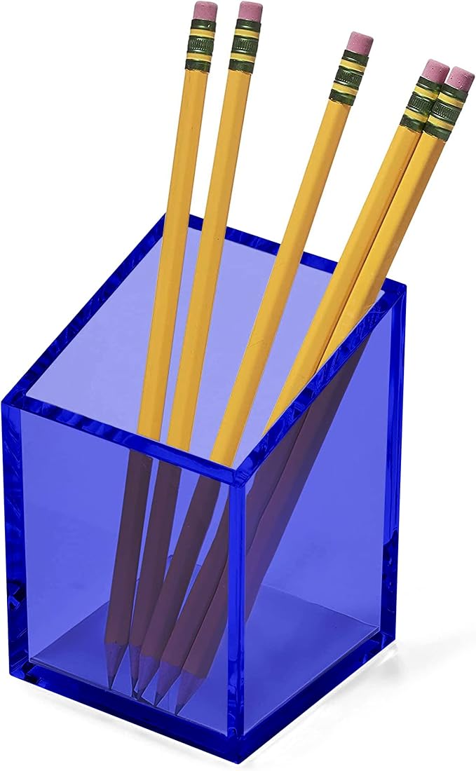 OfficeGoods Acrylic Pen & Pencil Holder - Modern Trapezoid Design - Beautiful Desk Organizer for Home or Office - Contrasting Metal Base - 3" Square w/ 3.5" Front & 4.5" Back - Blue