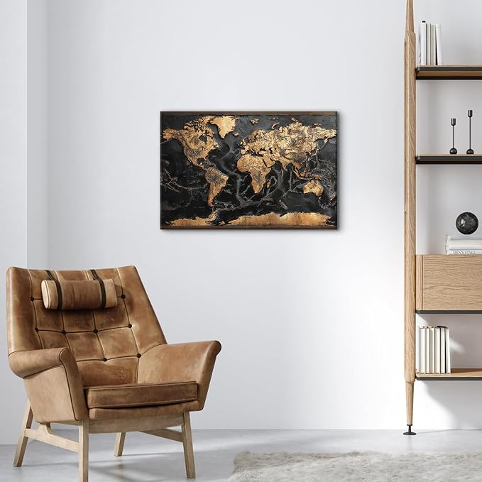 Abstract World Map Wall Art Black and Gold Wall Decor for Living Room Vintage Modern Office Canvas Painting Global World Maps for Wall Decorations Nautical Theme Poster Artwork Home Decor 16x24”