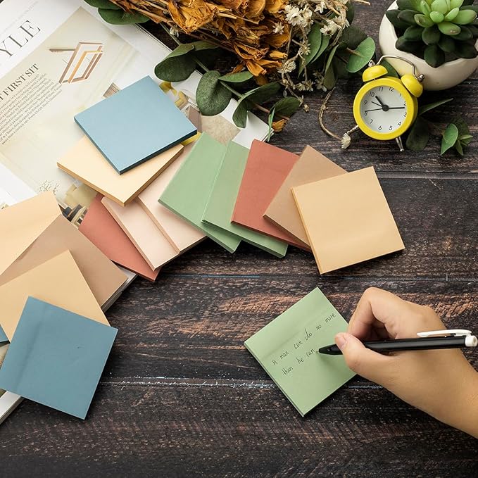 (12 Pads) Sticky Notes 3x3 inch, Self-Stick Pads Vintage Colors Sticky Note, Recyclable, Easy to Post for Home, Office, Notebook