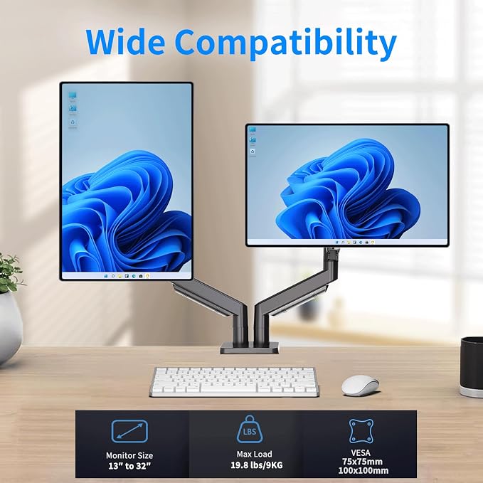 Dual Gas Spring Monitor Arm for 13-32 Inch Monitors, Desk Mount | Supports 19.8 lbs/Arm | Smooth Gas Spring | Full Motion | C-Clamp & Grommet | Cable Management | VESA 75×75/100×100 mm