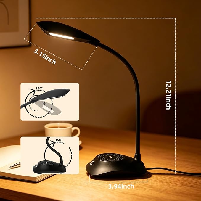 Desk Lamp for Home Office Compatible with MagSafe Wireless Fast Charging, Dimmable 3 Color Modes, 600LM, CRI 85, Adjustable Neck Study Lamps for College Dorm Room, Adapter Not Included, Black