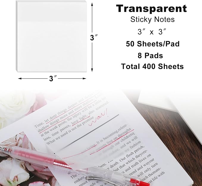 400 Sheets Transparent Sticky Notes, 3x3 inch 8 Pads Clear Sticky Notes, Self-Stick Translucent See Through Post Note Pads for Books Annotation