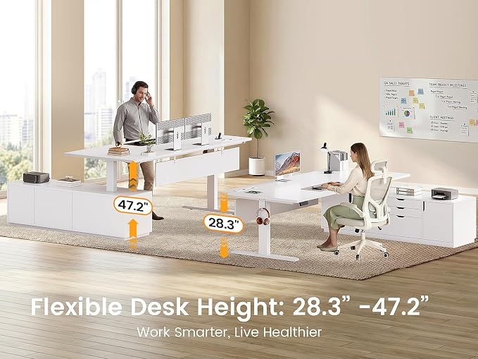 SEDETA Executive L Shaped Electric Standing Desk, 71" Height Adjustable Executive Desk with 3 Drawers and Cabinet, Sit Stand Up Home Office Desk with Power Outlets & Side Hook (White)