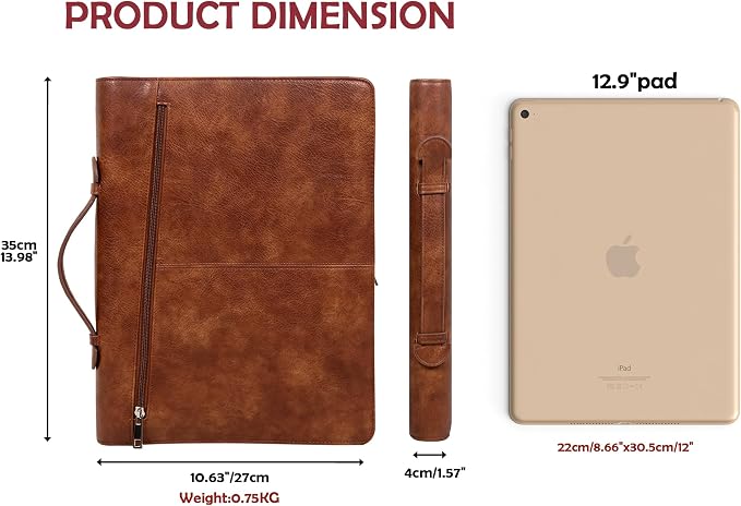 AZXCG Portfolio Binder, Portfolio with Handle and Zipper,Leather Podfolio for Men,Business Padfolio Organizer for Women, A4 Notepad Holder,Gift for Father's Day,Men and Women