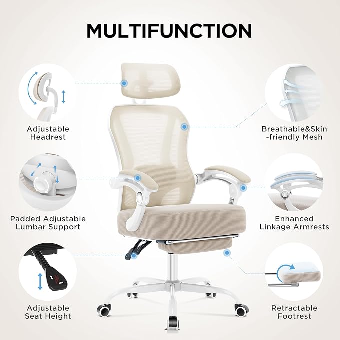 Ergonomic Office Chair with Footrest,Ultra Thick Desk Chair,Cream | 150°Reclining,Mesh High Back,Adjustable 2D Lumbar Support and Headrest,4.8" Spring Cushion,Premium Computer Chair for Adults