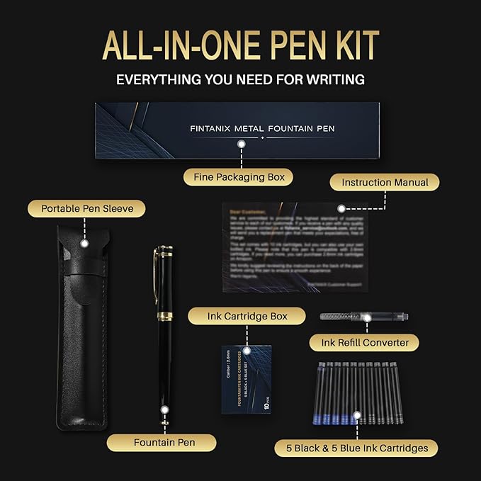 Fountain Pen with Fine Nib | Luxury Black Finish, Smooth Ink Flow, Complete Set with Ink Cartridges, Converter & Sleeve | Ideal for Professionals, Office, Journaling, and Gifts