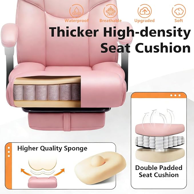 WAILOR 400lbs Office Chair with Foot Rest, Reclining Big and Tall Office Chair with Lumbar Support, High Back PU Leather Computer Chair,Comfy Desk Chair for Home Office (Pink)