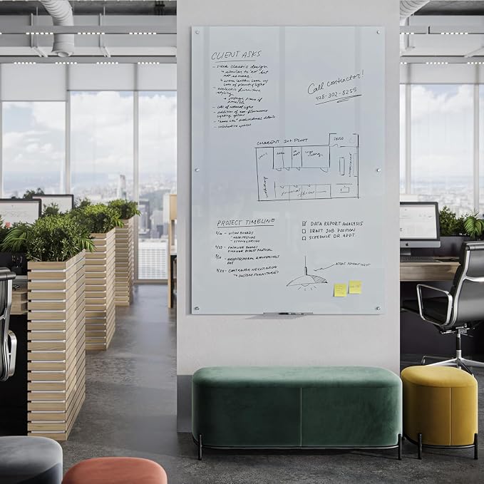 U Brands Magnetic Glass Dry Erase Board, Office Supplies, White, with Eraser, Markers, Magnet, 18” Tray, 5mm, 48” x 72”