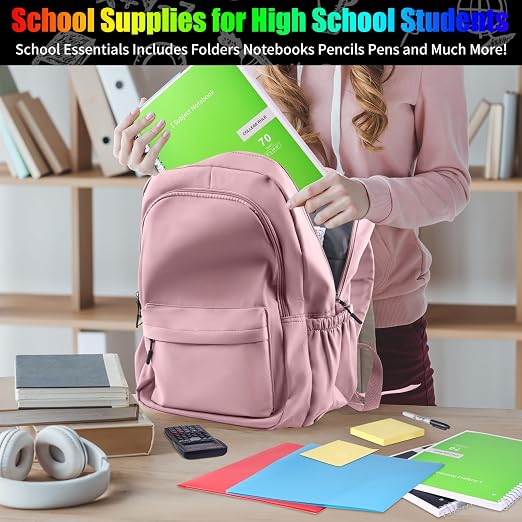88 Pcs Back to School Supplies Kit with Backpack for High School College Students School Supply Box Essential Learning Tools Supply Box for Senior Students Teachers Includes Calculators (Pink)