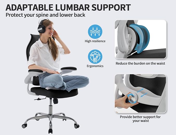 TRALT Ergonomic Office Chair- Desk Chair with Adjustable Lumbar Support | Big and Tall Back Ergonomic Desk Chair - Home Office Mesh Chairs and PU Leather Seat for Home Reading to Adults(White Black)