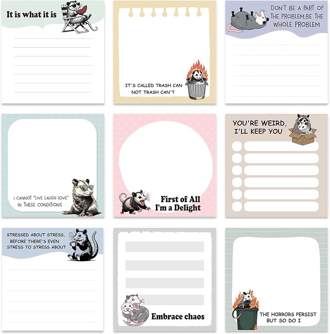 Funny Sticky Notes Gifts - 9 Pack Funny Opossum Notepads 3x3 Inches for Students Coworkers, Opossum Gag Gifts for Women Men, Animal Themed Memo Pads School Office Supplies (450 Sheets)