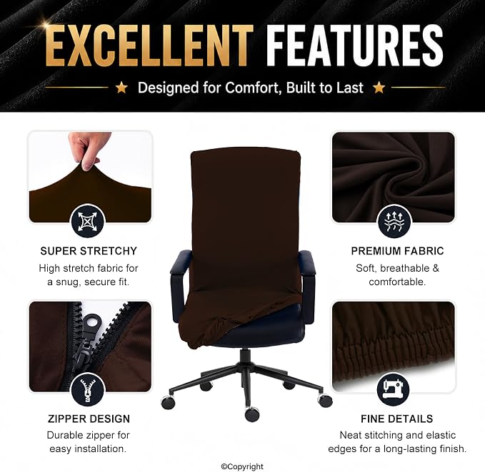 Stretch Computer Office Chair Cover with Durable Zipper - Universal Washable Removable Spandex Rotating Boss Chair Slipcovers for Dogs, Cats, Pets - Anti-dust Soft Desk Chair Seat Protector