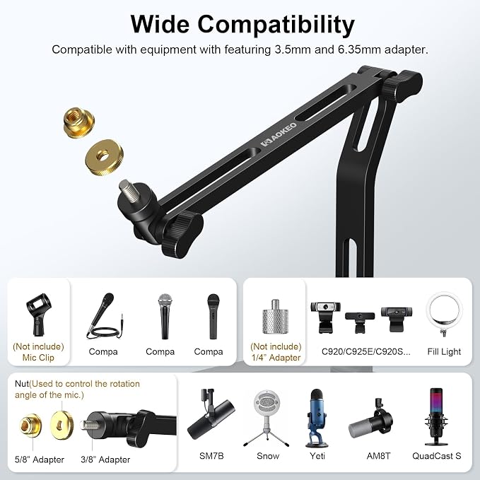 Aokeo Mic Stand,Desk Mount Desktop Microphone Arm with 3/8" to 5/8" Adapter,Compatible Blue Yeti,HyperX QuadCast,SoloCast,Shure SM7B,MV7X