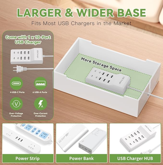 Pezin & Hulin Bamboo Charging Station for Multiple Devices-Natural+White | USB Charger Dock Organizer, with Power Supply (10 Ports HUB), 6 Cables, Cable Management Organizer for Cell Phones, Tablet