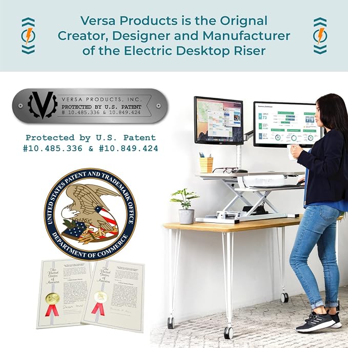VERSADESK PowerPro 48 Inch Electric Standing Desk Converter – Push-Button Height Adjustable Sit to Stand Desk Riser for Multiple Monitors – Motorized Desktop Workstation with Wide Keyboard Tray