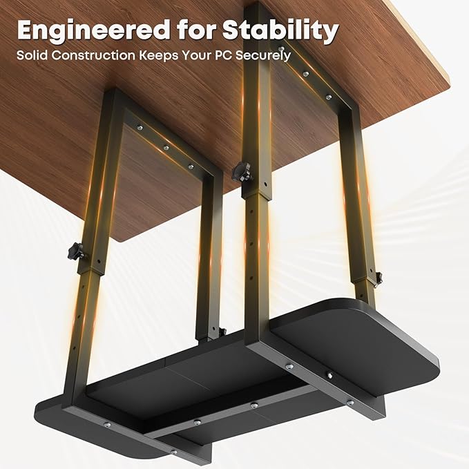 Heavy Duty Under Desk PC Mount with Adjustable Height, Under-Desk Computer CPU Holder for PC Case, Space Saving Desk Mounted Computer Stand, Max Load 66 lbs, Black