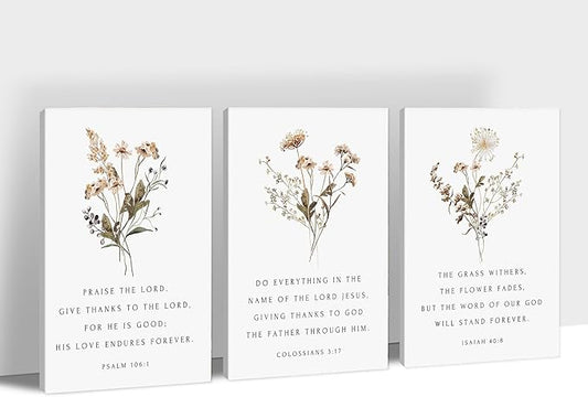 3 Piece Inspirational Canvas Wall Art - Jesus Scripture Wall Art for Religious Wall Decor, Motivational Quotes Plant Print Pictures, Bible Poster Framed Artwork for Christian Office Decor 12”x18”x3Pcs