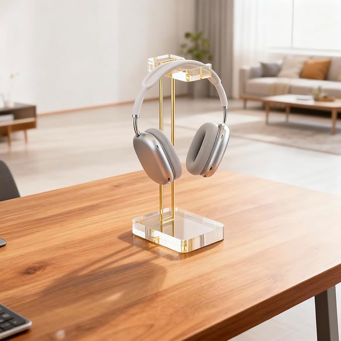 Headphone Stand Headset Holder for Desk, Solid Christal-Clear Acrylic with Gold Hardware Earphone Hanger for Gaming Room Office Accessories