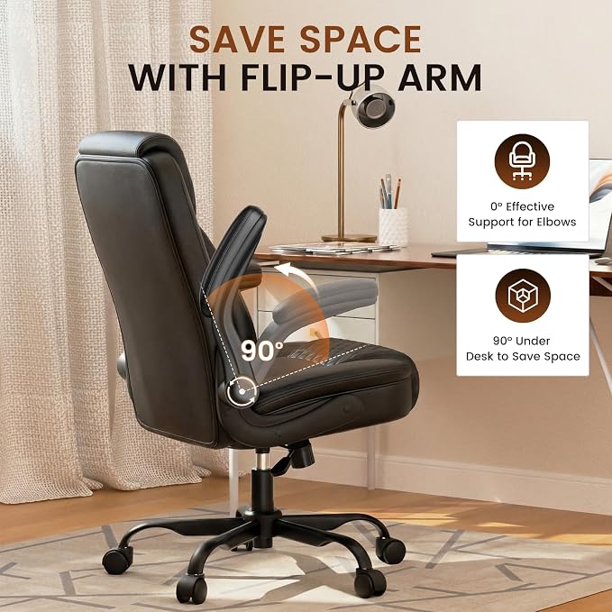 GTPLAYER Leather Office Chair, Home Desk Chair with Flip-up Arms and Ergonomic Back - Comfy Heavy Duty Executive Chair for Home Office Gaming, Charcoal Black