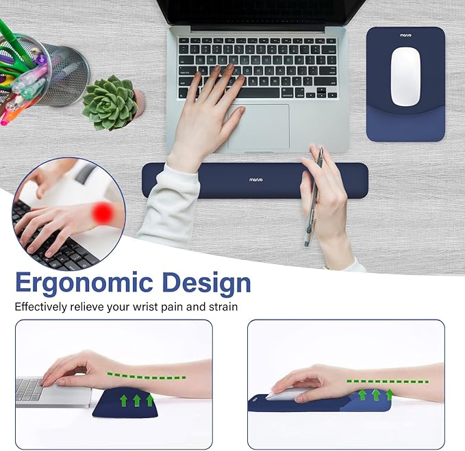 MOSISO Wrist Rest Support for Mouse Pad&Keyboard Set, Rectangular Ergonomic Mousepad Non-Slip Base Home/Office Pain Relief&Easy Typing Pad with Neoprene Cloth&Raised Silicone Lining, Navy Blue