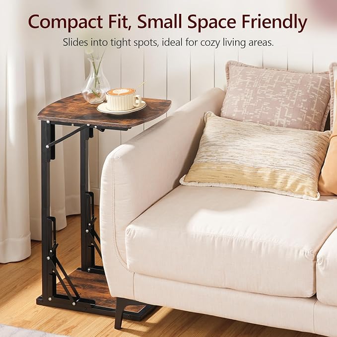 MAHANCRIS Set of 2 Folding C Shaped End Table, Adjustable Small Sofa Side Laptop Desk, Foldable Couch TV Tray Table for Small Spaces, Living Room, Bedroom, Rustic Brown ETHR4101S2