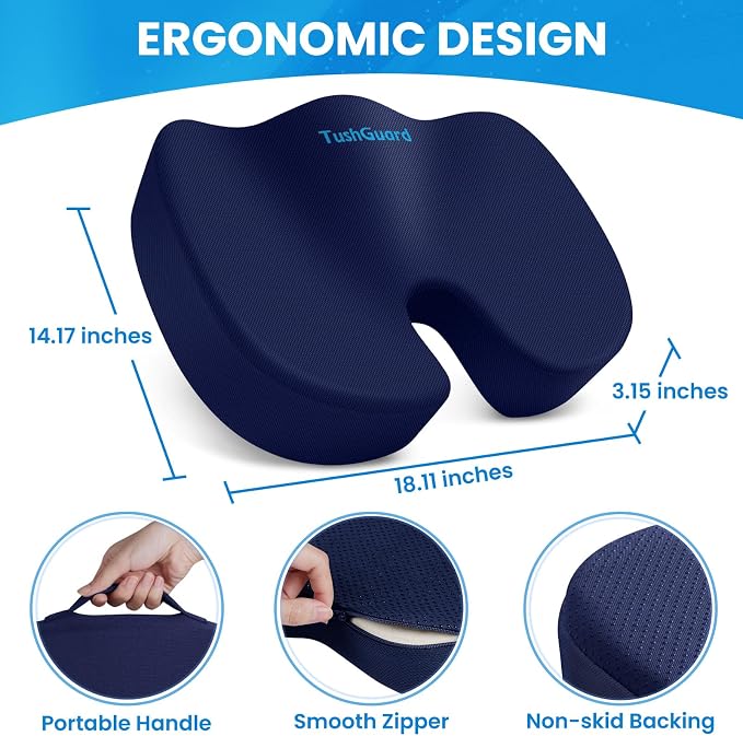 TushGuard Seat Cushion for Office Chair, Memory Foam Chair Cushion, Blue | Office Chair Cushion for Car, Airplane - Chair Pad for Long Sitting Sciatica, Hip, Coccyx,Tailbone Pain Relief, Butt Pillow