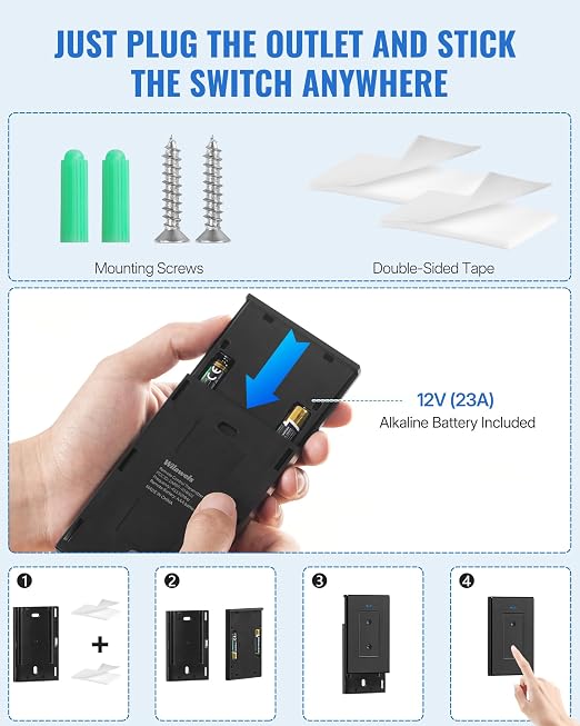 Black Remote Control Outlet Plug, WILAWELS Wireless Light Switch, On Off Remote Switch Outlet for Lights, Lamps, Home Appliance, 100ft RF Range, FCC Listed (2 Controllers + 1 Outlet) H05RC2106