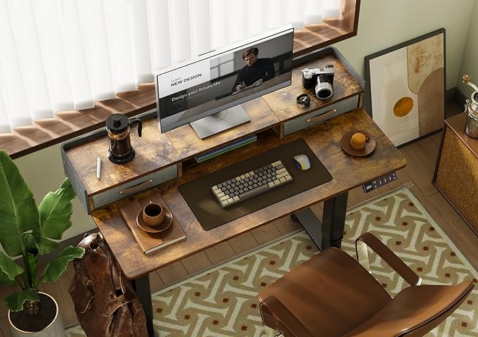 Claiks Standing Desk with Drawers & Wheels, 2 Height Shelf 40" Rustic Brown | 2 height adjust shelf, tabletop drawers, felt fence design, sturdy supports 176 lbs, 4 wheels, 2 tire monitor stand