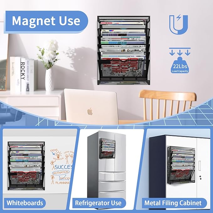 7-Tier Magnetic File Holder, No Drilling Wall File Organizer, Hanging File Organizer, Vertical Holder Rack for File Cabinets, Whiteboard, Refrigerator