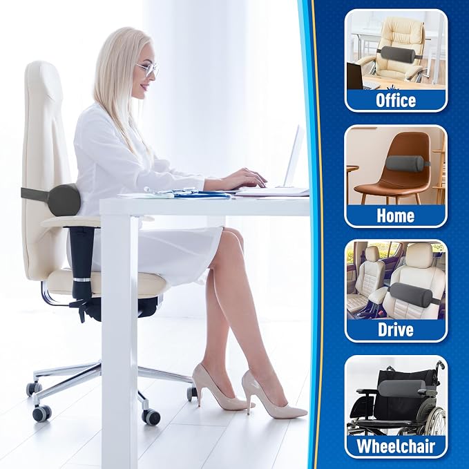 CushZone Lumbar Roll Support Pillow for Office Chair, Car, Gaming Chair, Memory Foam Back Cushion with Washable Cover for Relieving Back Pain & Improving Posture,Grey