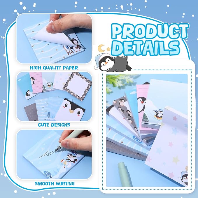 9 Pads Cute Sticky Notes Cartoon Self Stick Notepads 3x3 Inches Notes Adhesive Memo Pad Office Decor Gifts for Students School Teacher Office Meeting(Penguin)
