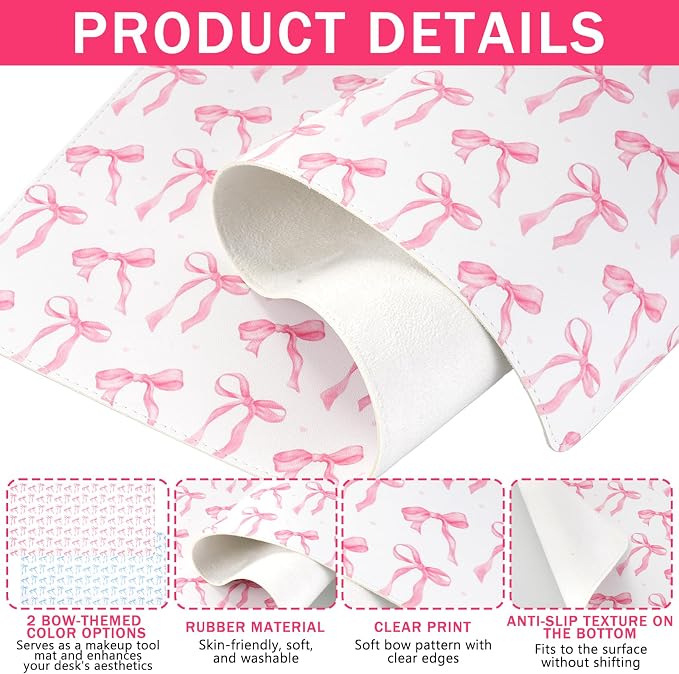 2 Pcs Bow Makeup Mat, Dual-Sided Leather Desk Pad, Waterproof Bow Makeup Table Cover for Vanity Top Protector Countertop Decor, Gifts for Women Home