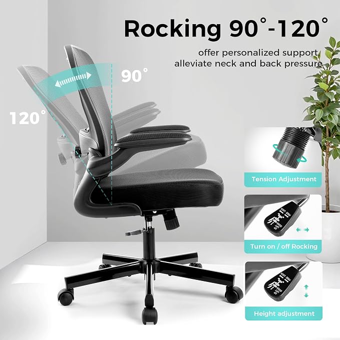 ALPHA HOME Ergonomic Mesh Office Chair, High Back, Black | Executive Computer Chair with Armrests, Sturdy Desk Chair with Height Adjustable Lumbar Support, Rolling Swivel Task Chair