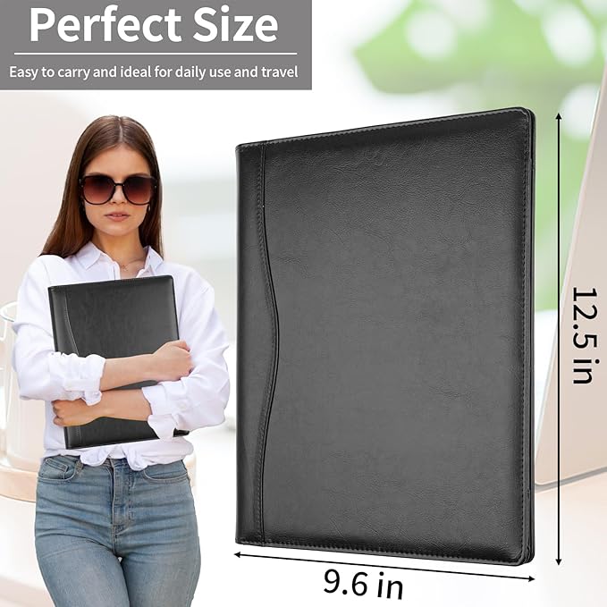 Professional Padfolio Portfolio Binder, Faux Leather Interview Resume Folder, Letter Size A4 Legal Writing Pad Holder, Document Organizer for Business School Office Conference (Black)