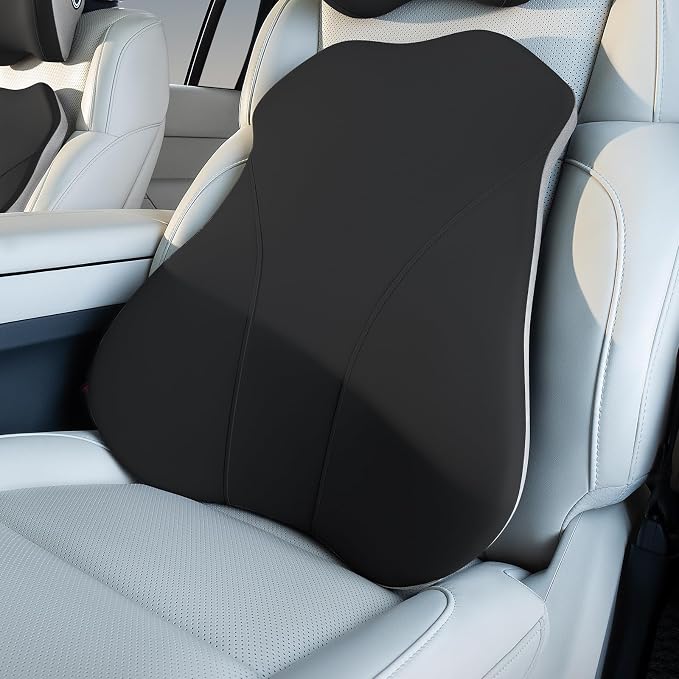 Lumbar Support Pillow for Car, Memory Foam Back Cushion for Driving Seat, Truck Accessories Travel Essentials, Back Pain Relief, Washable Cover, Plus Size Lower Back Support Fits Most Cars (Black)