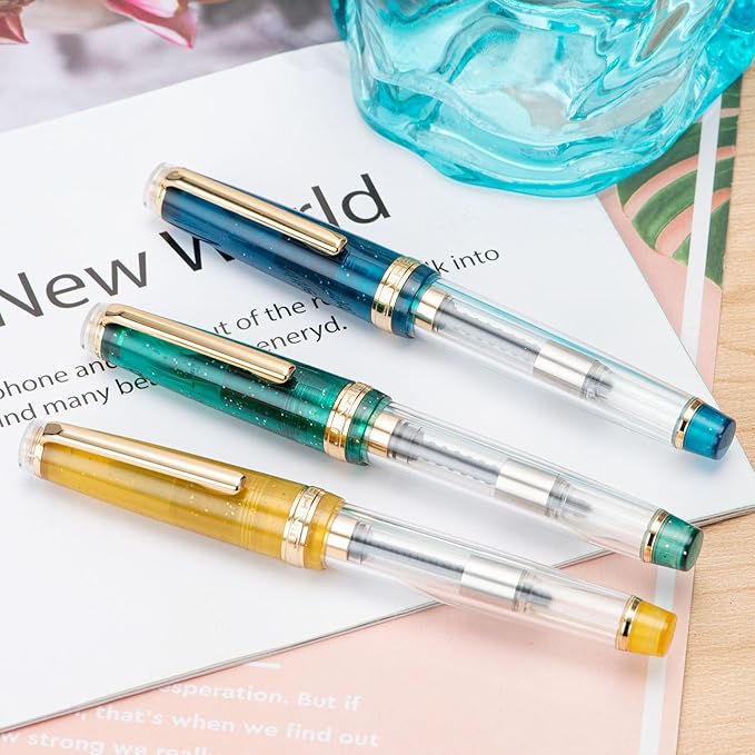 Set of 3 Jinhao 82 Fountain Pens Transparent Starry Sky Color Fine Nib Gold Trim with Converter Elegant Pen