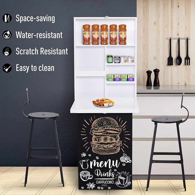 Wall Floating Desk with Storage, Foldable Hidden Desk with A Blackboard, Hideaway Fold Out Desk, Pull Out Murphy Table, Wooden Writing Table for Home Office Bedroom Small Spaces Apartment (White,)