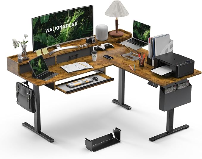 WALKINGDESK 63 Inches L Shaped Standing Desk with Keyboard Tray and 2 Drawers, L Shaped Electric Standing Desk, Adjustable L Shaped Office Desk,Corner Standing Desk for Home Office, Rustic Brown