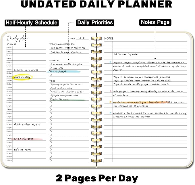 Undated Daily Planner With Hourly Schedule, To Do List Spiral Notebook, Easily Organize Your Work Tasks And Appointments, Perfect School Or Office Supplies For Organizing & Planning, 7.5"x10", Beige