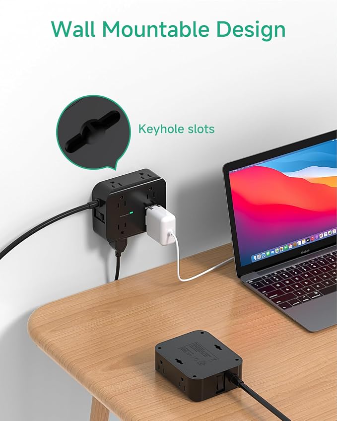 Power Strip Surge Protector 20FT - Flat Plug, Wall Mount, 8 Wide Outlets with 4 USB Ports (2 USB C), Extension Cord, Office Desk Accessories