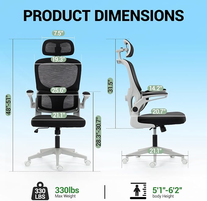 Ergonomic Office Chair with Flip-up Arms, Grey | Home Desk Chair w/ Coat Hook, Adjustable Headrest and Lumber Support, Mesh Computer Gaming Chair, 330 LBS