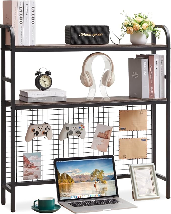 Desk Shelf, 36.8” Desktop Organizer Shelf with Grid Panel and Hooks, Desk Hutch for Computer Monitor, 2 Tier Desk Display Rack Wood Desktop Bookshelf Storage for Home Office Dorm
