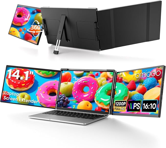 14" FHD 1200P IPS Laptop Screen Extender | Triple Portable Monitor, Plug & Play Dual Screen, Fits 14"-17.3" Laptops, Compatible with Win, Mac, Android&Chrome OS