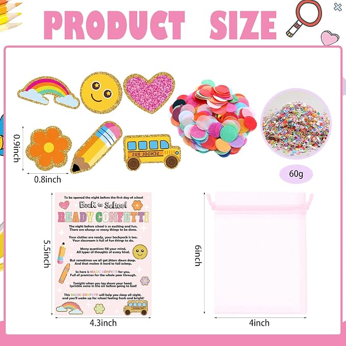 AmazingSpark 24 Sets Ready Confetti Back to School Supplies Magic Jitter Glitter with Poem Cards Organza Bags First Day of School Confetti Anxiety Relief Favor Gifts for Teachers(Glitter)