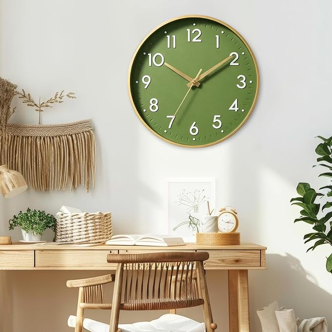 Mosewa Small 8 Inch Wall Clock Battery Operated Silent Non Ticking Analog | Olive green & gold modern clock; oversized 3D easy-read dial for kitchen, bedroom & office; 1 AA battery (not included)