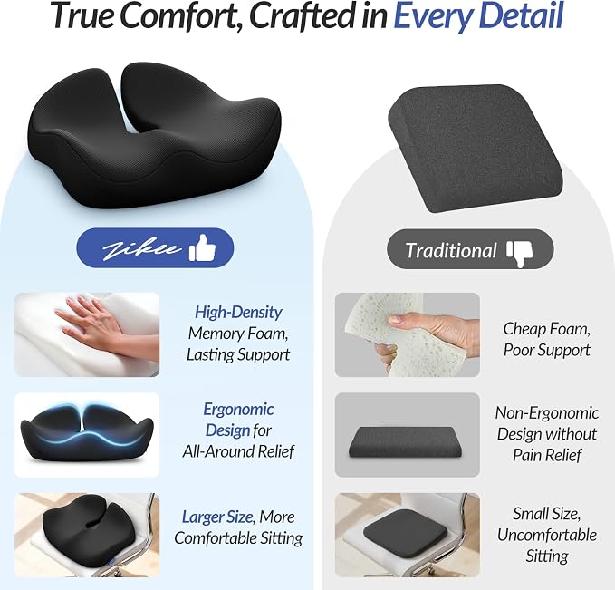 ZIKEE Contoured Ergonomic Seat Cushion for Effective Pain Relief, Non-Slip | Office Chair Cushion for Sciatica, Back, Tailbone Pain Relief, High-Density Memory Foam Car Seat Cushion for Sitting Comfort