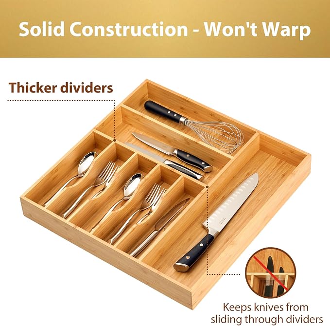 Large Kitchen Drawer Organizer, 19"x19" Silverware Utensils Organizer, 2.5" High for Large Deep Drawers, Bamboo Flatware Holder with Thick Frames, Sturdy Kitchen Organization Tray