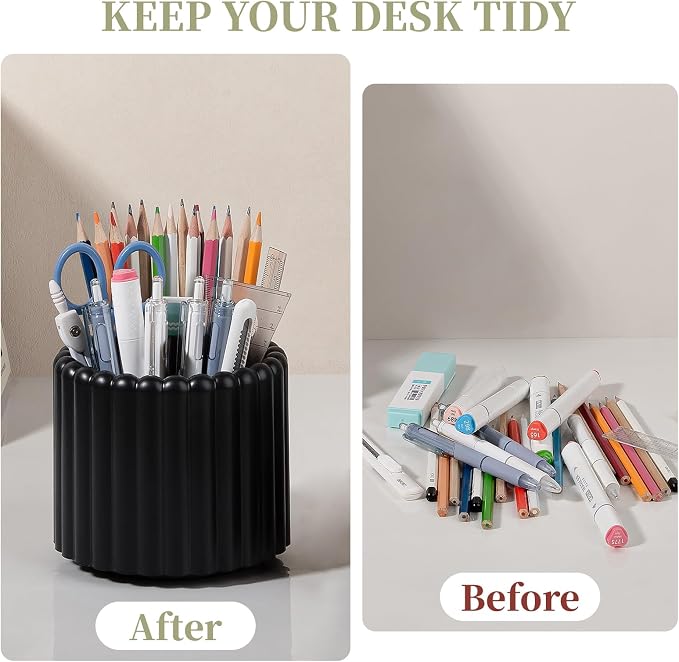 360° Rotating Pen Holder for Desk Removable Pencil Organizer, Black | 7 Slots Pen Cup Cute Office Supplies and Accessories Plastic Desktop Storage Box Art Caddy for School, Work, Home
