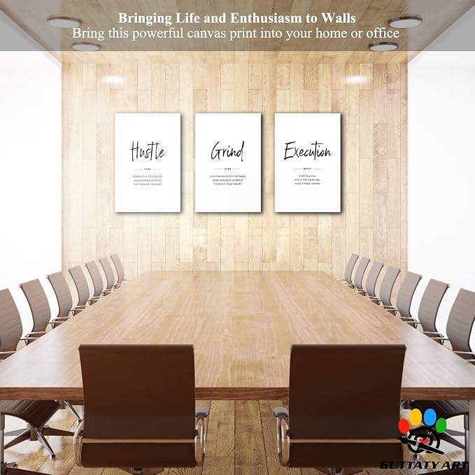 Office Wall Art - 3 Panel Motivational Wall Art, Inspirational Quotes Canvas Art for Home Office Wall Decor, Positive Quotes Wall Decor, Entrepreneur Grind Hustle Execution Poster Frame (24”x36”x3Pcs)