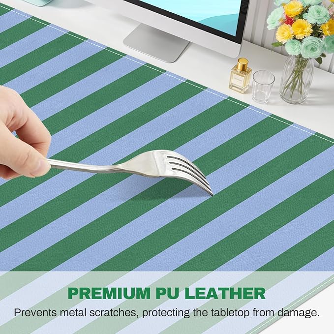 PU Leather Desk Mat,Large Desk Cover Desk Blotter Protector Computer Gaming Mouse Pad Striped Mat Table Laptop Office Desktop Accessories, Green Blue Writing Pad